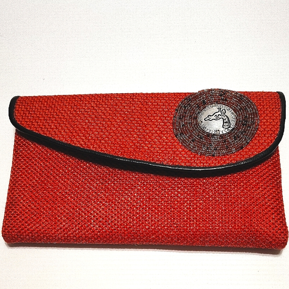 Handmade Orange Woven Clutch with Black Trim and Beaded Giraffe Medallion